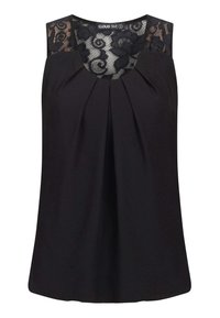 Blouse noire sans manches avec plis à l'avant et détail en dentelle florale au niveau de l'encolure et des épaules.