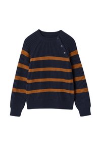 Strickpullover in Marineblau mit horizontalen orangen Streifen. Verfügt über einen runden Ausschnitt und drei dekorative Knöpfe an der Schulter.