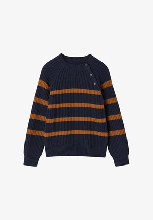 Strickpullover in Marineblau mit horizontalen orangen Streifen. Verfügt über einen runden Ausschnitt und drei dekorative Knöpfe an der Schulter.