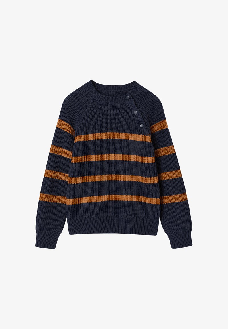 Strickpullover in Marineblau mit horizontalen orangen Streifen. Verfügt über einen runden Ausschnitt und drei dekorative Knöpfe an der Schulter.