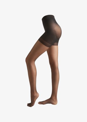 Durchsichtige schwarze Strumpfhosen mit einem hohen Bund, die eine glatte Textur und ein transparentes Finish aufweisen, entworfen für Komfort und eine vorteilhafte Silhouette.