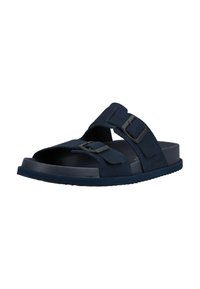 Sandale bleu marine à bout ouvert avec deux brides réglables à boucle et une semelle plate, conçue pour un usage décontracté.