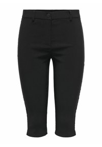 Pantalons capri noirs en tissu extensible, dotés d'une fermeture à bouton, de passants de ceinture et d'une texture lisse, adaptés pour un usage décontracté ou formel.