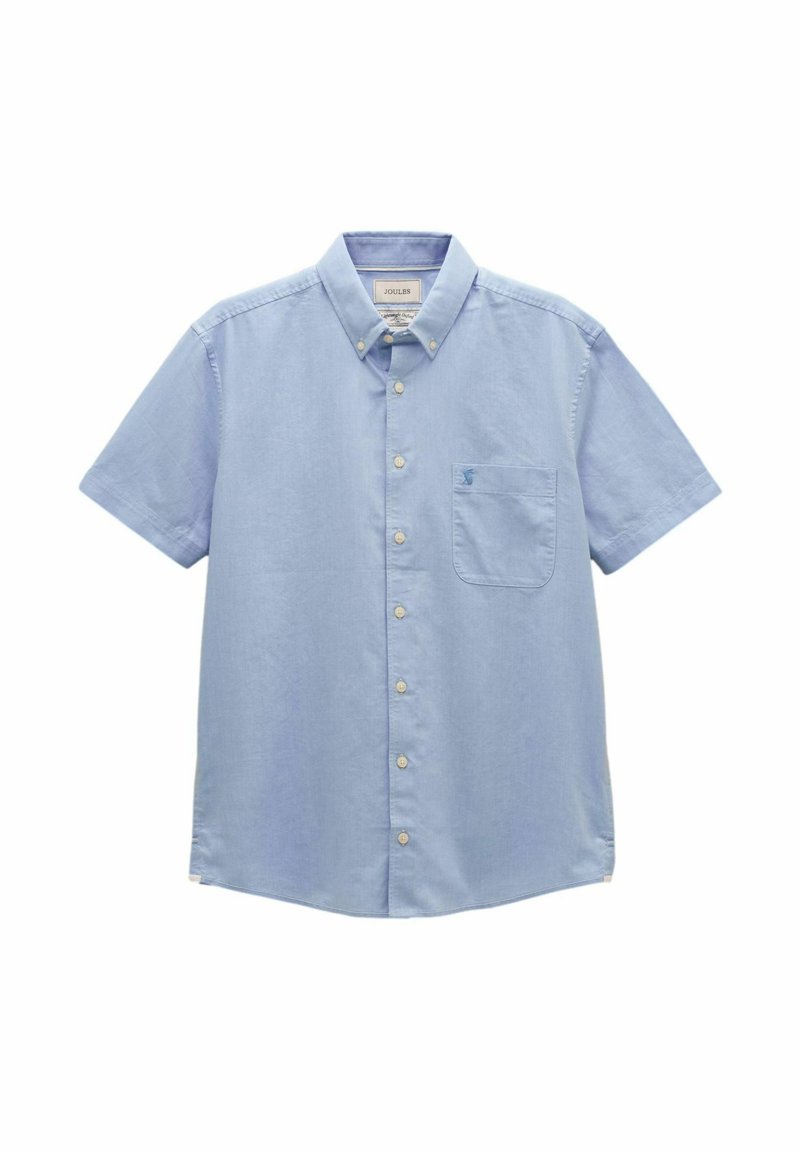 Chemise bleu clair à manches courtes avec fermeture à boutons, col boutonné et poche poitrine ornée d'un petit logo brodé.
