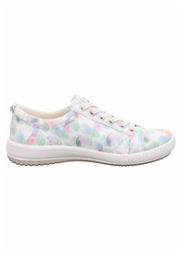 Weiße Sneaker mit einem bunten Blattmuster in Pastellfarben, ausgestattet mit einer gepolsterten Sohle und einem Schnürdesign für einen sicheren Sitz.