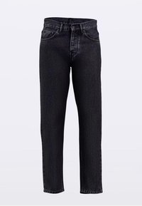 Jean noir taille haute, coupe droite, avec boutons et fermeture éclair à l'avant, poches avant et arrière, présenté sur un fond blanc uni.