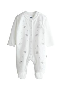 Body alb pentru bebeluși, din material moale, cu modele gri de elefant și dungi de stele, având capse în față pentru o îmbrăcare ușoară.