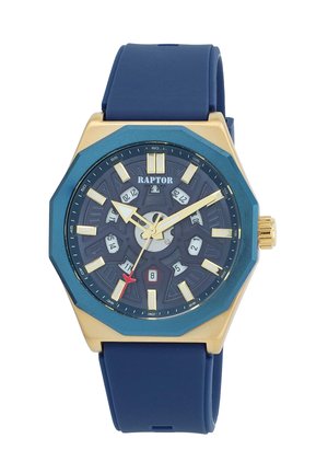 Men's octagonal watch features a navy blue silicone strap, gold-tone case, blue bezel, dark dial with white hour markers, and red accent.