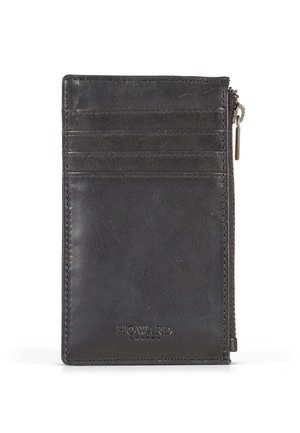 Black leather cardholder with six card slots, zippered compartment, and embossed logo. Smooth texture with subtle sheen and clean lines.