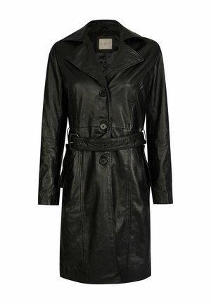 Svart skinntrenchcoat med notchad krage, fyra knappar, sidofickor och ett midjeband för justering. Slät textur genom hela plagget.