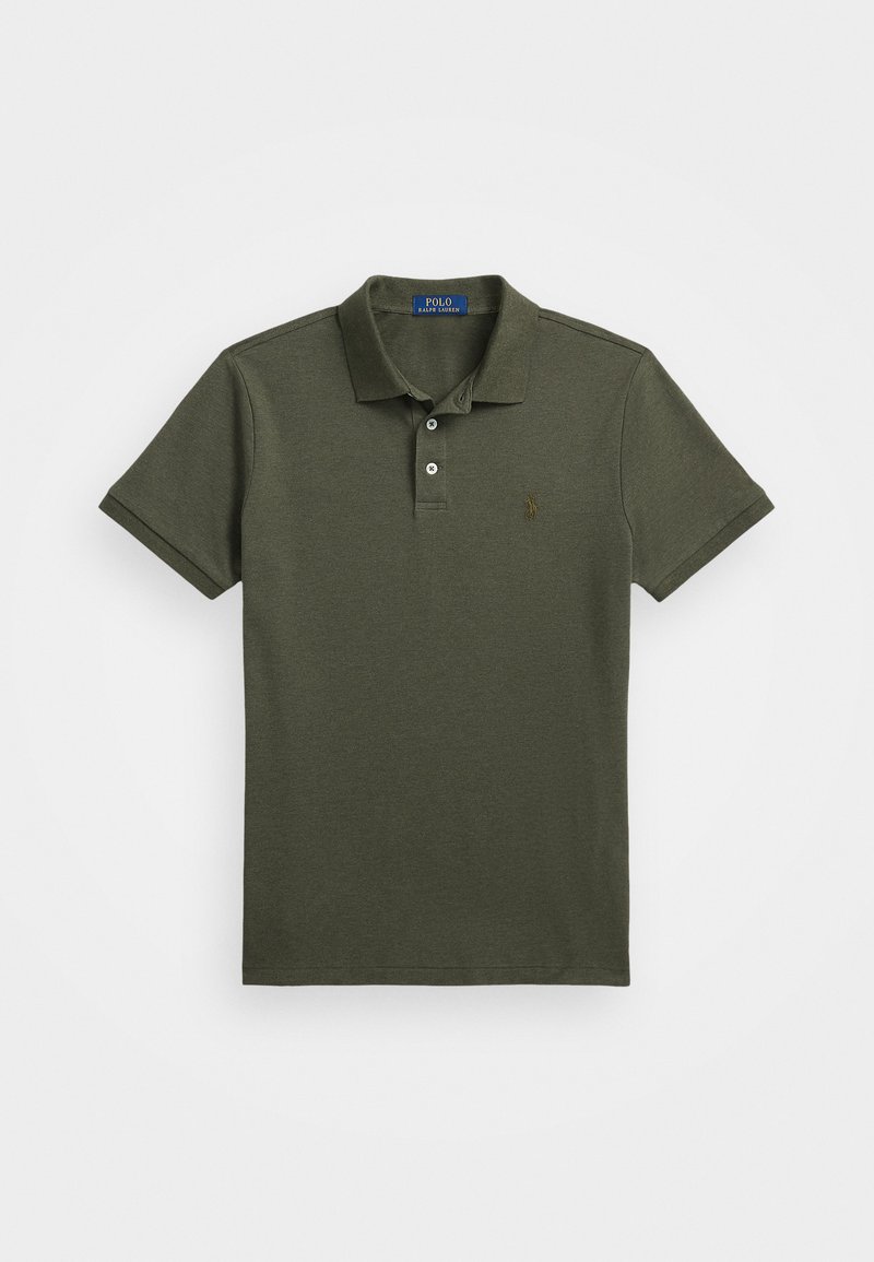 Oliven grønn polo skjorte, bomullsblanding, kort ermer, tre-knapp placket, brodert logo på brystet, myk tekstur, klassisk passform.