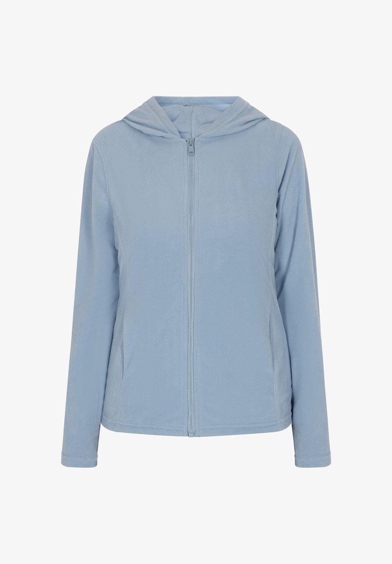 Jasnoniebieska polarowa kurtka z zamkiem z przodu, kapturem, długimi rękawami i bocznymi kieszeniami, o gładkiej fakturze i prostym designie.