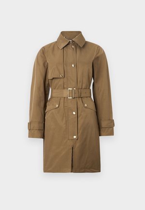 Manteau trench ceinturé marron avec un col, fermeture éclair à l'avant, boutons-pression et poches latérales, possédant une texture lisse et une coupe droite.