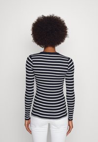 Långärmad, figurnära topp med marinblå och vita horisontella ränder, rund halsringning och mjukt, stretchigt material. Bakvy visas.