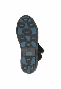 Sole di scarpa nera con una superficie di presa a motivo. Caratterizzata da accenti blu e punti di presa circolari per la trazione. Materiale in gomma testurizzata.