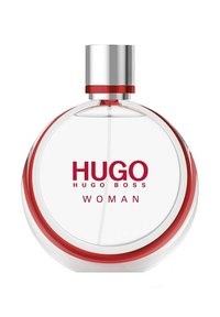 Helder glazen ronde parfumfles met rode accenten en een zilveren dop. Het etiket toont "HUGO HUGO BOSS WOMAN" in rode tekst.