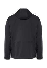 Veste noire à capuche vue de dos, à manches longues, avec un design ajusté et des coutures en panneaux.