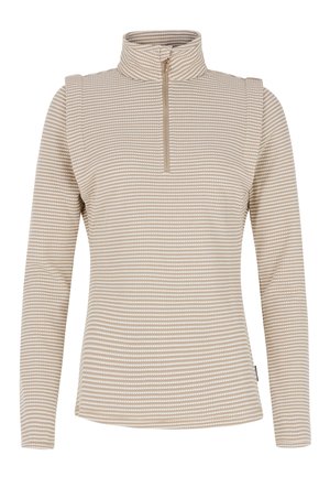Beige Stehkragen-Pullover mit Reißverschluss, strukturiertem Punktmuster, langen Ärmeln und einem halblangen Reißverschluss. Weiches und figurbetontes Design.