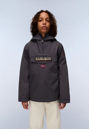 Donkergrijze pulloverjas met een capuchon, voorzien van een grote voorkantzak, geborduurd logo en Noorse vlagpatch. Gladde, waterafstotende stof.
