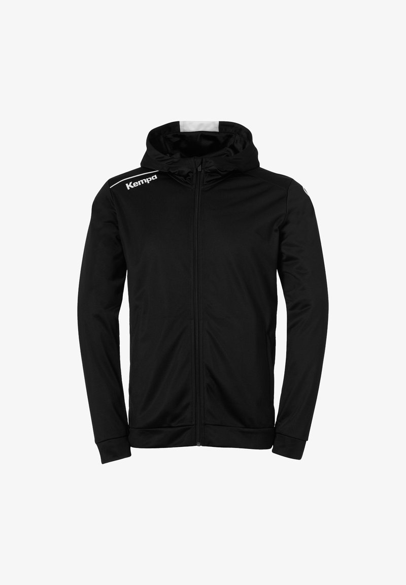 Sort zip-up hættetrøje lavet af blødt stof, med hætte, lange ærmer og hvide logo detaljer på brystet og skulderen.