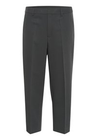 Pantalons tailleur gris avec un devant plat, des jambes plisées et une coupe droite. Fabriqués à partir d'un tissu lisse avec un léger éclat.