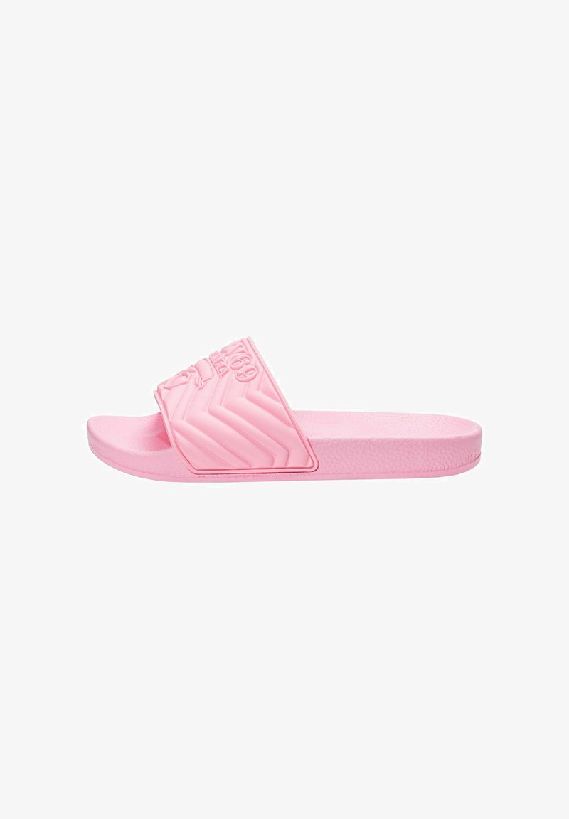 Pink rubber slide sandal with a textured strap featuring a chevron pattern and embossed lettering; flat sole with slight arch support.