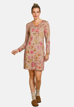 Floral-patterned dress in soft beige fabric, long sleeves, round neckline, featuring colorful embroidered flowers and a relaxed fit.