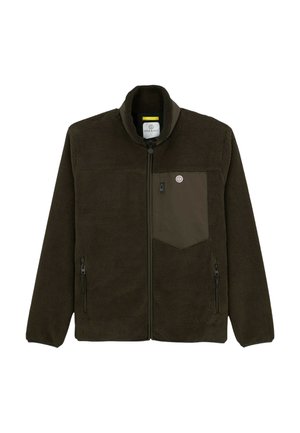Veste en polaire à zip intégral de couleur vert foncé avec des poches latérales zippées et une poche poitrine zippée arborant un petit logo circulaire.