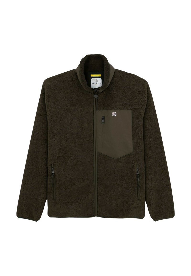 Veste en polaire à zip intégral de couleur vert foncé avec des poches latérales zippées et une poche poitrine zippée arborant un petit logo circulaire.