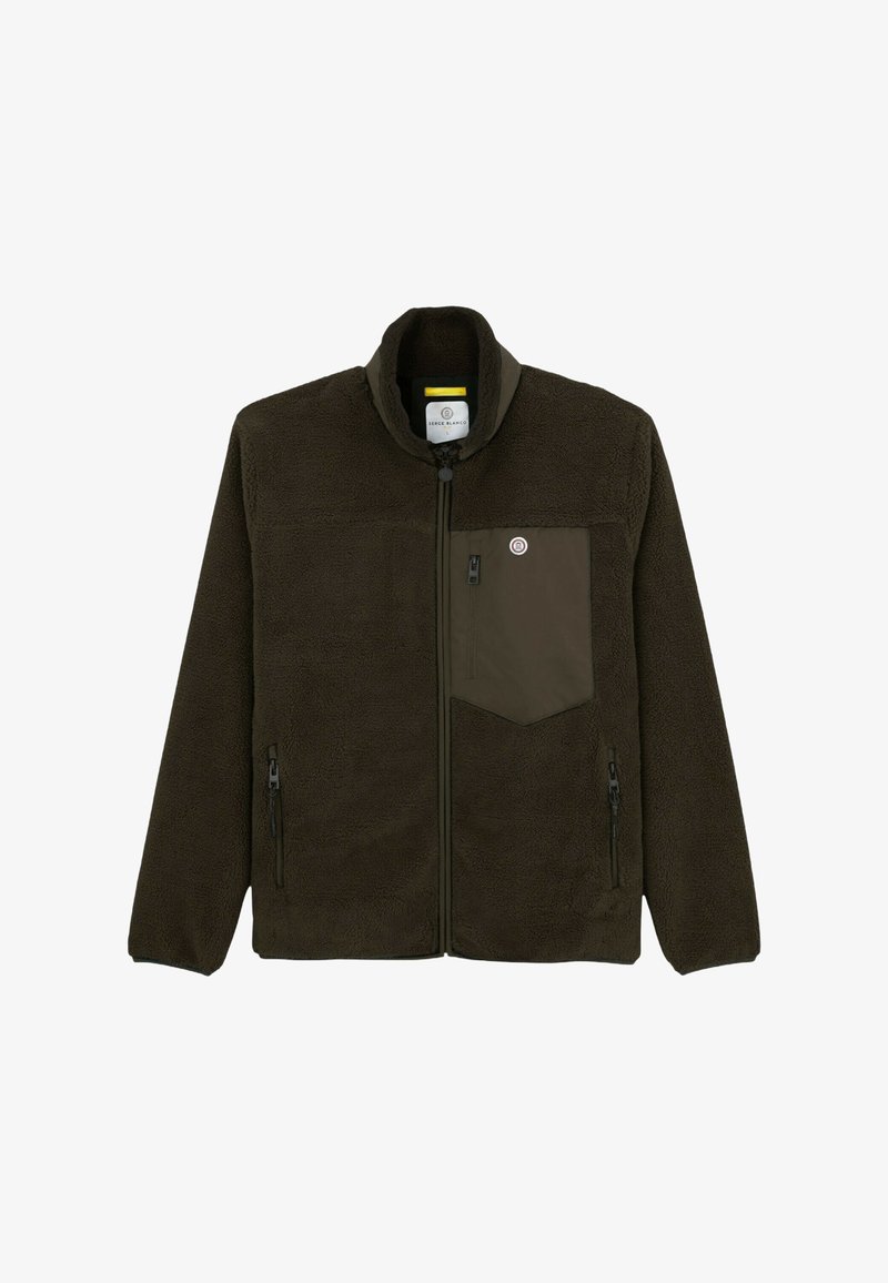Veste en polaire à zip intégral de couleur vert foncé avec des poches latérales zippées et une poche poitrine zippée arborant un petit logo circulaire.