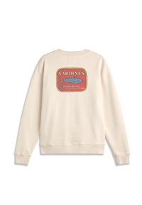 Sweat-shirt beige avec un graphique coloré de boîte de sardines et le texte "SARDINES THINKING MU" sur le haut du dos.