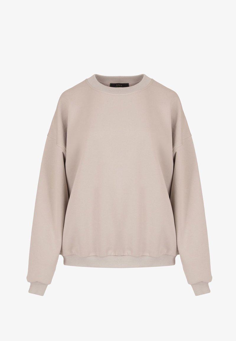 Przesadny beżowy sweter z okrągłym dekoltem, z prążkowanymi mankietami i dolną krawędzią, wykonany z miękkiego materiału, z opadającymi szwami na ramionach.