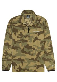 Fleece-Pullover mit Camouflage-Muster und Viertelreißverschluss. Mit verschiedenen Grüntönen und Brauntönen, versehen mit einem weißen Logo auf der Brust.
