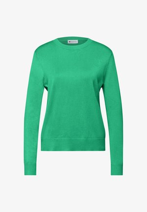 Green long-sleeve crew neck sweater with ribbed cuffs and hem, displayed against a white background.