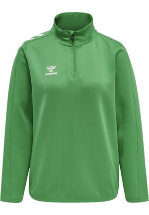 Groene kwart-rits hoodie van gladde stof, met een hoge kraag en wit logo op de borst, voorzien van contrasterende schouderstrepen.