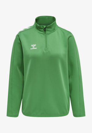 Grüner Viertel-Zip-Pullover aus glattem Stoff, mit einem hohen Kragen und weißem Logo auf der Brust, mit kontrastierenden Schulterstreifen.