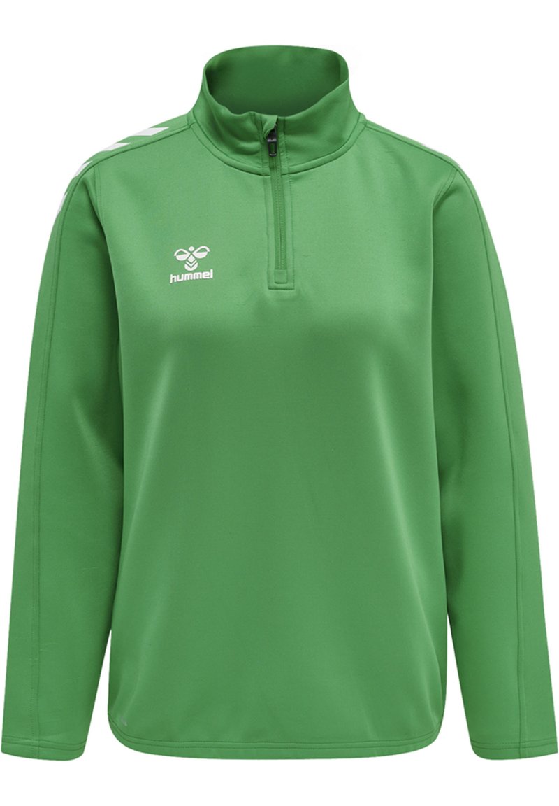 Groene kwart-rits hoodie van gladde stof, met een hoge kraag en wit logo op de borst, voorzien van contrasterende schouderstrepen.
