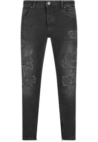 Czarne, obcisłe dżinsy z przetarciami i postrzępionymi brzegami, z zapięciem na guziki i szczegółami na zamek błyskawiczny przy kostkach, zapewniającymi dopasowany krój.