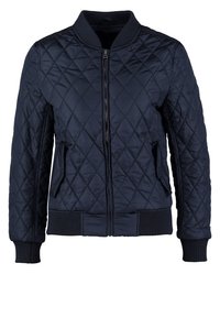 Navy quilted bomber jacket with a zip closure, ribbed cuffs, and side pockets; diamond pattern across the fabric adds texture.