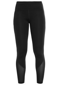 Svarta leggings i stretchigt material med hög midja, som har mesh-paneler på sidorna och platta sömmar för ökad komfort.