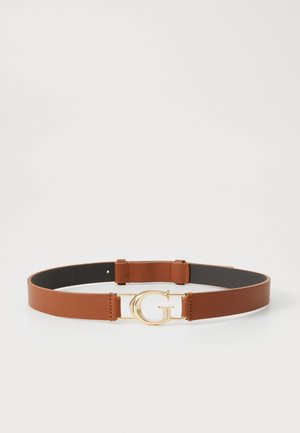 Brown leather belt with gold-colored interlocking "G" logo buckle, displayed flat on a white background.