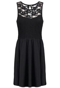 Schwarzes ärmelloses Kleid mit einem Spitzentop, rundem Ausschnitt und einem fließenden Rock. Besitzt ein Schlüsselaugen-Detail am Rücken. Glatte Textur über die gesamte Oberfläche.