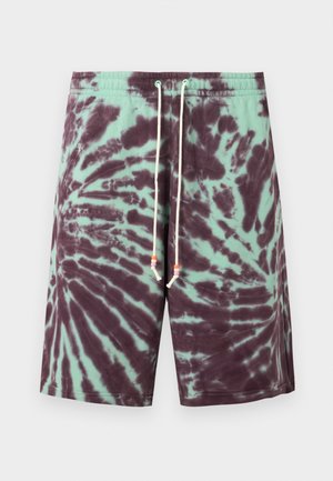 Σορτς tie-dye με μοτίβο σπείρας σε μωβ και μέντα, ελαστική μέση και λευκό κορδόνι με ροζ και πορτοκαλί χάντρες.
