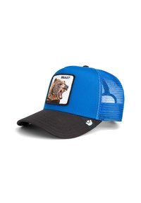 Blau- und schwarze Baseballmütze mit Netzrücken, ausgestattet mit einem Bären-Graphic-Patch und dem Wort "BEAST". Gebogener Schirm und verstellbarer Riemen.