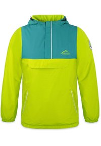 Leichter Pullover-Jacke mit einem türkisfarbenen oberen Abschnitt und einem leuchtend gelben unteren Abschnitt. Mit elastischen Bündchen, einer Fronttasche und reflektierenden Akzenten.