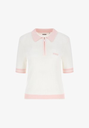 Biała siateczkowa koszulka polo z krótkim rękawem, różowym kołnierzem, zamkiem błyskawicznym, zakończeniami rękawów oraz krawędzią, z małym logo na piersi.