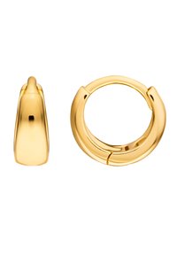 Boucles d'oreilles en or avec une finition lisse et polie. Une boucle a une forme arrondie, tandis que l'autre est légèrement rectangulaire.