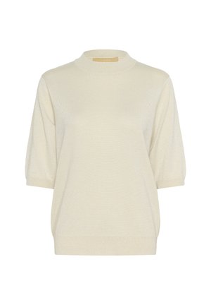 Cream-colored sweater with a high neckline, short puff sleeves, and a soft, textured finish. Lightweight with a relaxed fit and ribbed hem.