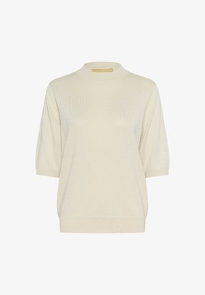 Cremefarvet sweater med høj hals, korte puffærmer og en blød, tekstureret overflade. Letvægts med en afslappet pasform og ribbet kant.