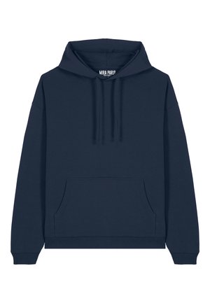 Námornícky modrá mikina s kapucňou vyrobená z jemného materiálu, s prednou vreckom a rebrovanými manžetami a lemom. Jednoduchý dizajn s nastaviteľnými šnúrkami.